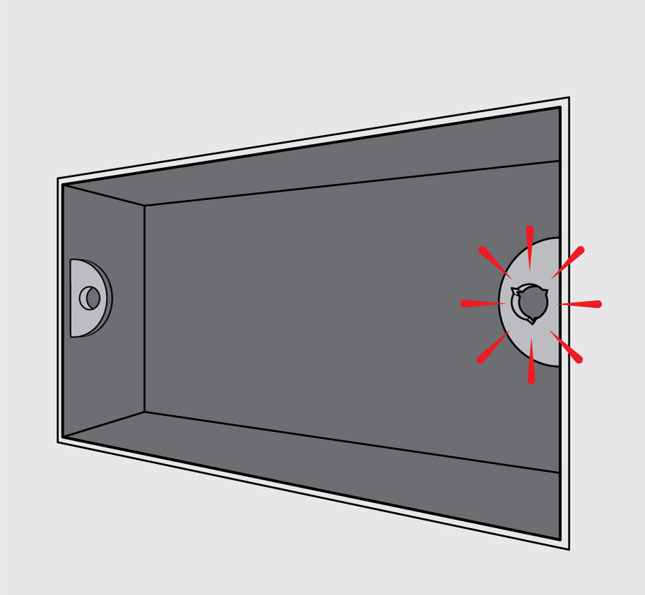 Diagram of electrical metal backbox with right hand lug highlighed